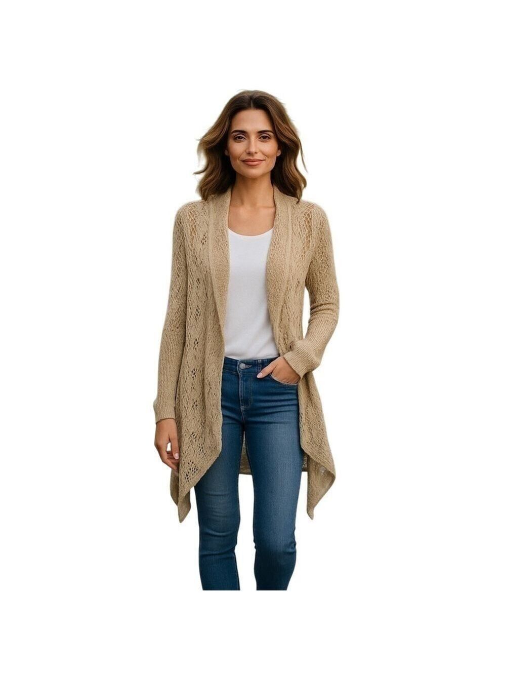 𝅺Lovestitch draped cowl neck open cardigan beige crochet knit Size S